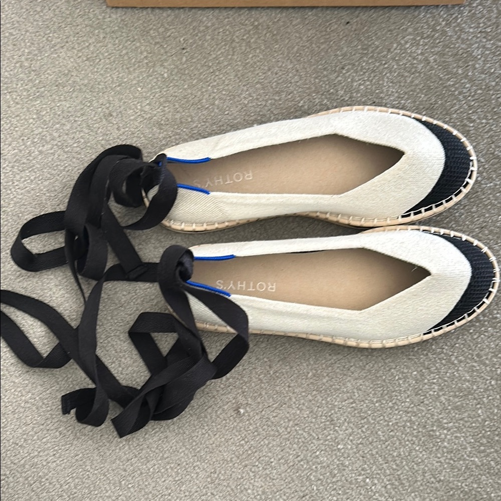 Rothy's Cream and Black Espadrille Flats with Black Ankle Ties